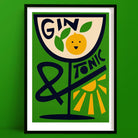 Gin & Tonic cocktail art print with a smiling citrus face, stylised glass shape, and leafy accents on a vibrant green wall.