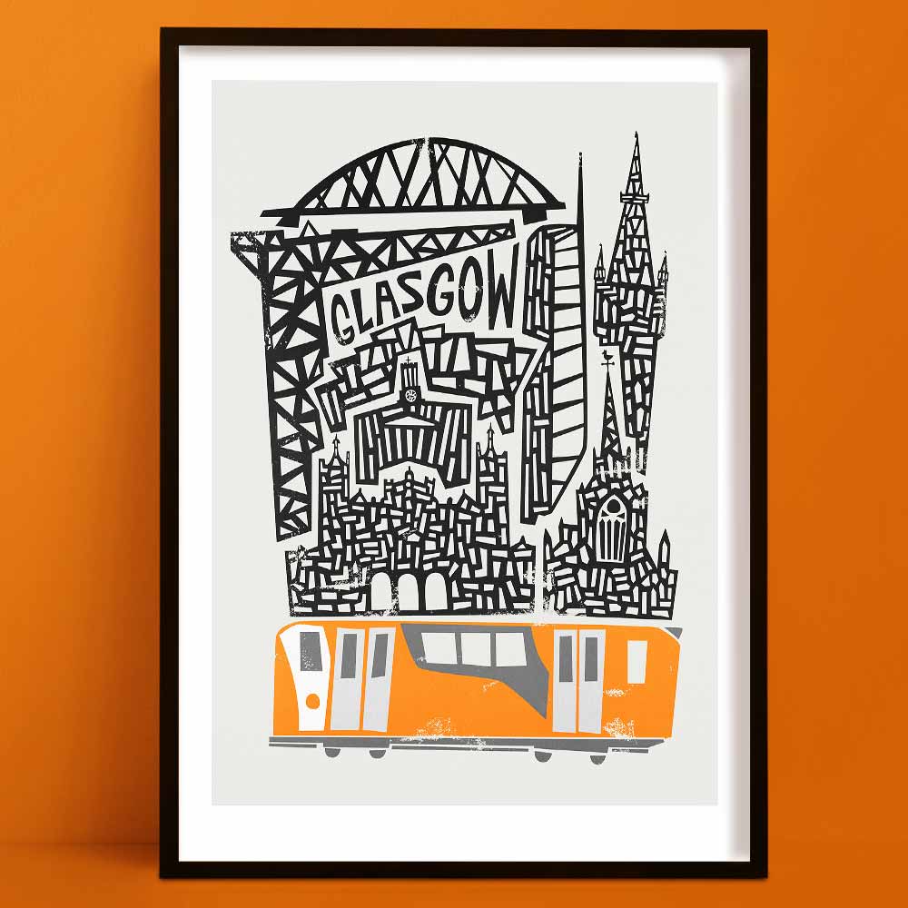 Hand-drawn Glasgow cityscape poster featuring iconic landmarks such as the Clyde Arc and Glasgow Cathedral, anchored by a bold orange Glasgow Subway train at the base.