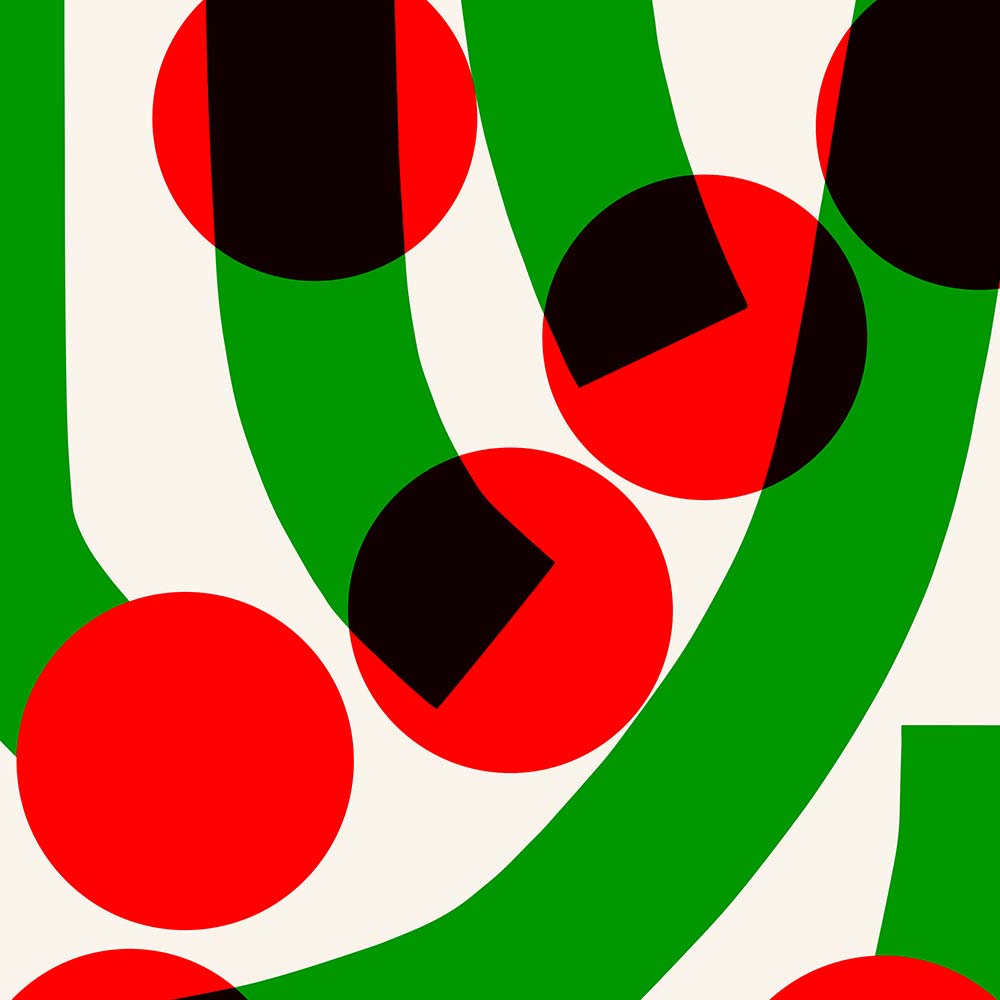 Close-up view of the Green Grass print highlighting the contrast between the soft green curves and dynamic, overlapping circles in vibrant red and deep black tones.
