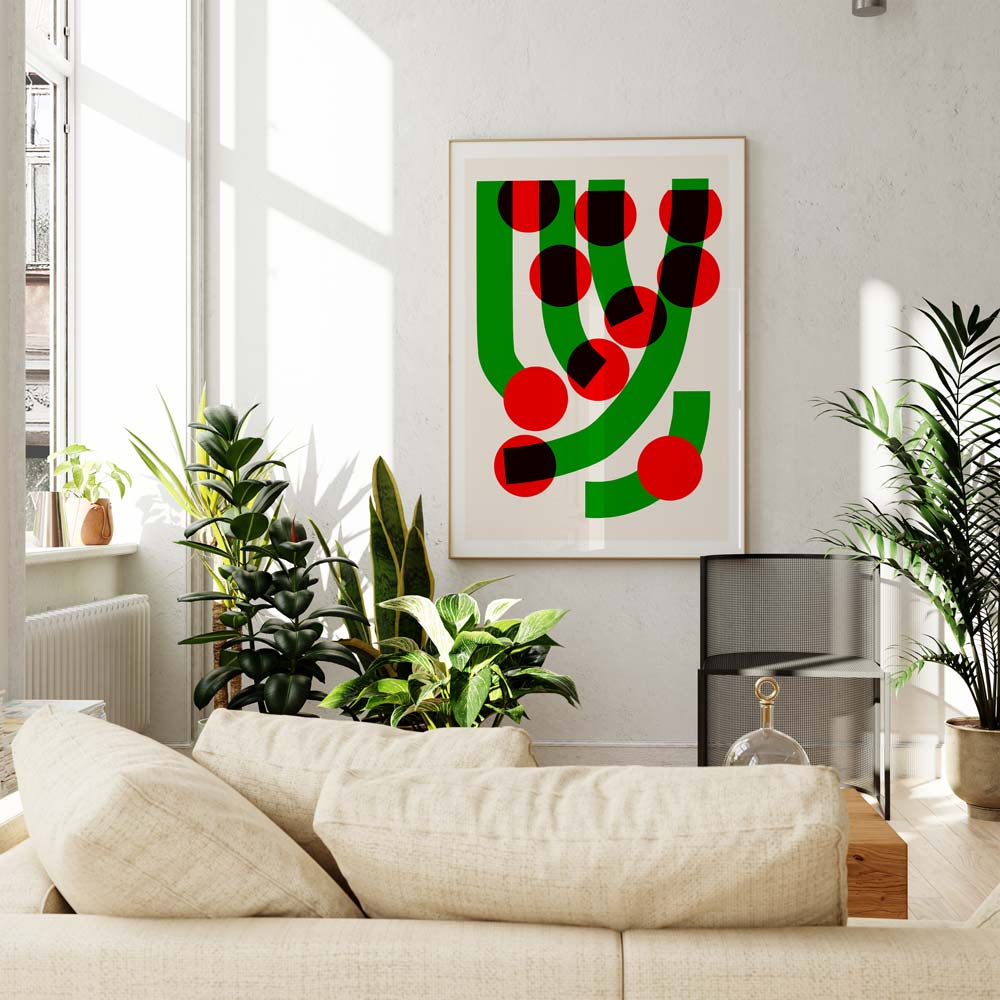 The Green Grass print adding a juicy splash of colour in a light-filled room, its playful arrangement of circles and curved lines creating a sense of joyful momentum.
