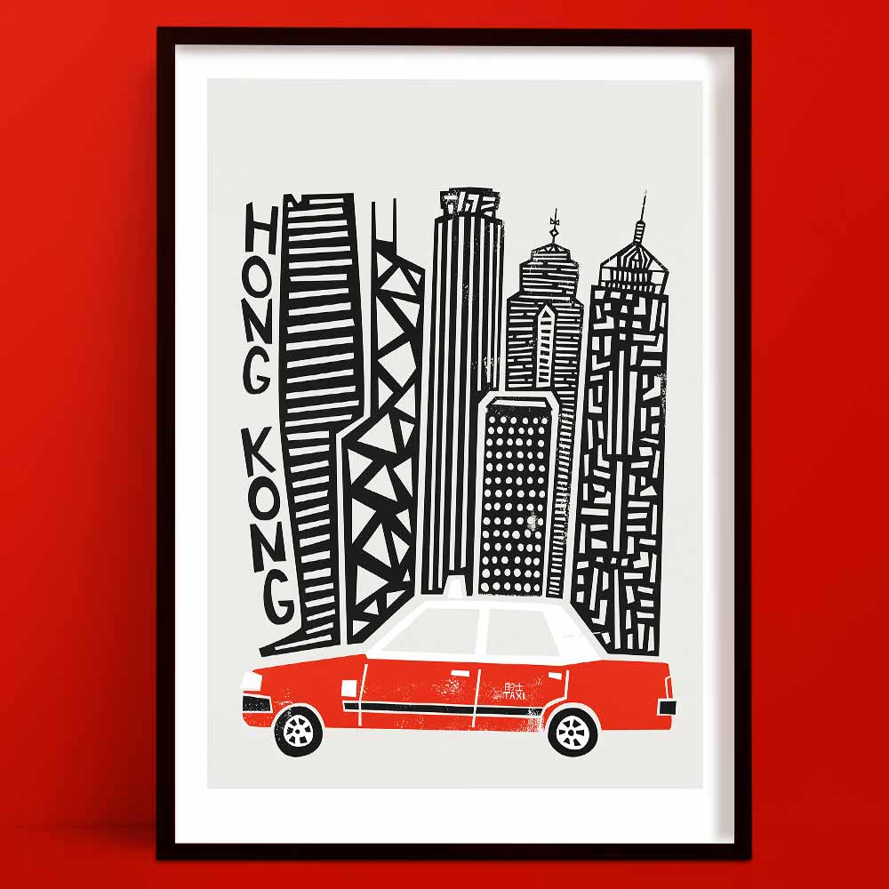 Monochrome line-drawn Hong Kong skyline featuring iconic skyscrapers with a bright red taxi in the foreground, capturing the city’s fast-paced urban energy.