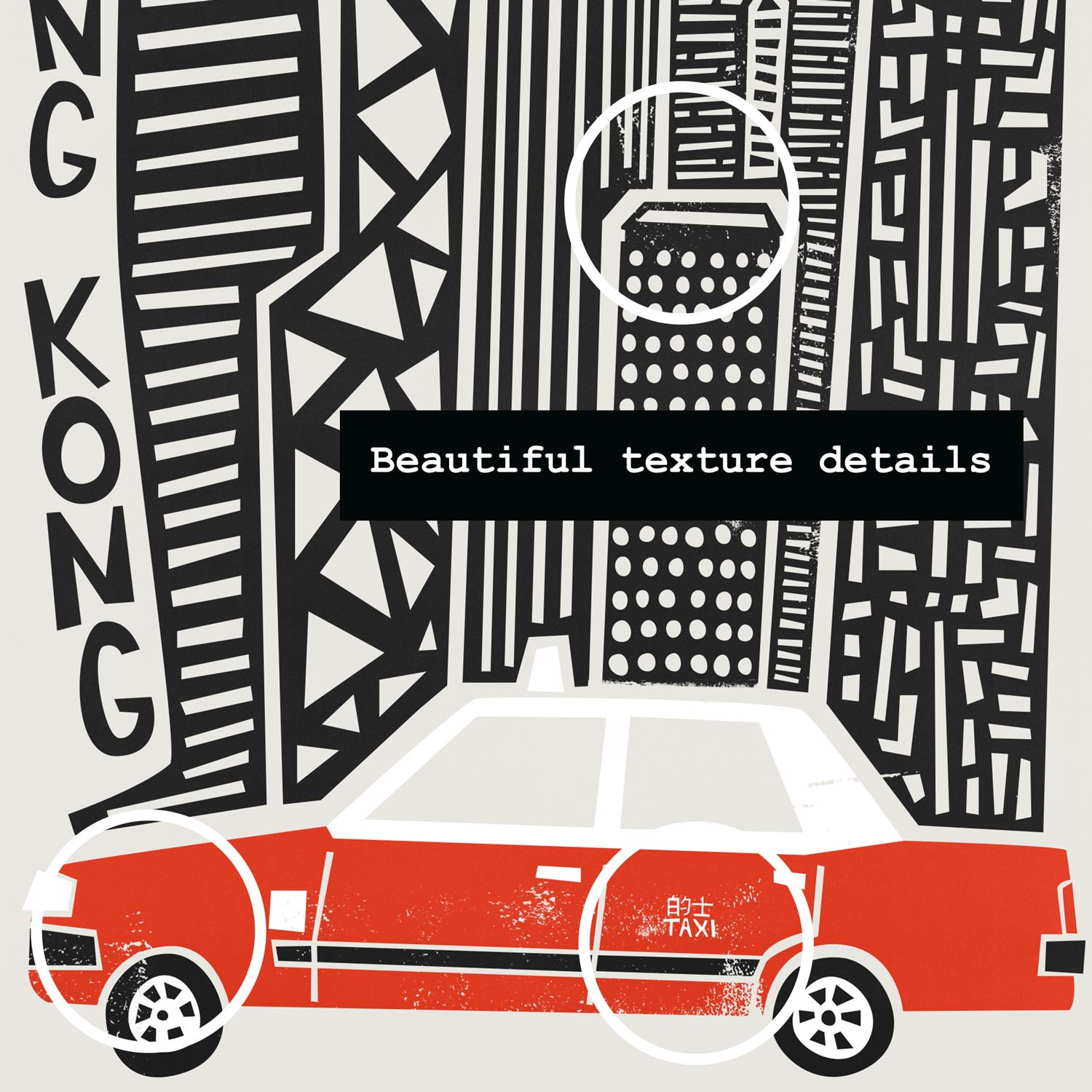 Zoomed-in view of the Hong Kong city art print showing fine linework of the skyscrapers and the pop of red from the classic taxi at street level.