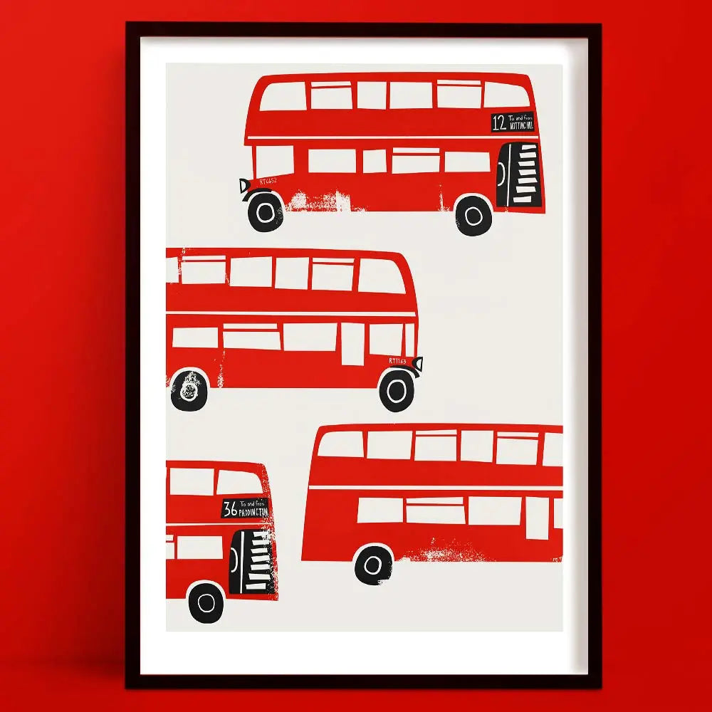 A quirky retro-style art print showcasing a playful arrangement of vintage red Routemaster buses, each uniquely angled for visual rhythm and nostalgic impact.
