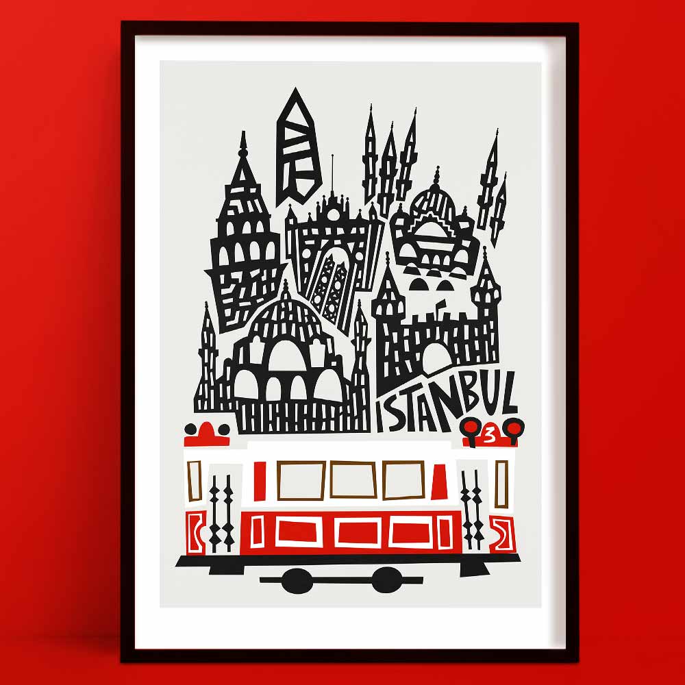 Istanbul city art print with stylised skyline and iconic red tram, framed on red wall.