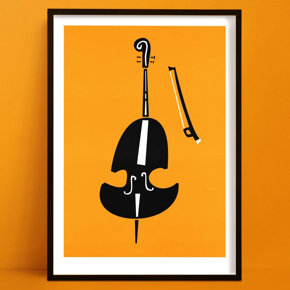 Framed abstract double bass print with bold orange background and stylised black and white shapes, displayed on an orange wall