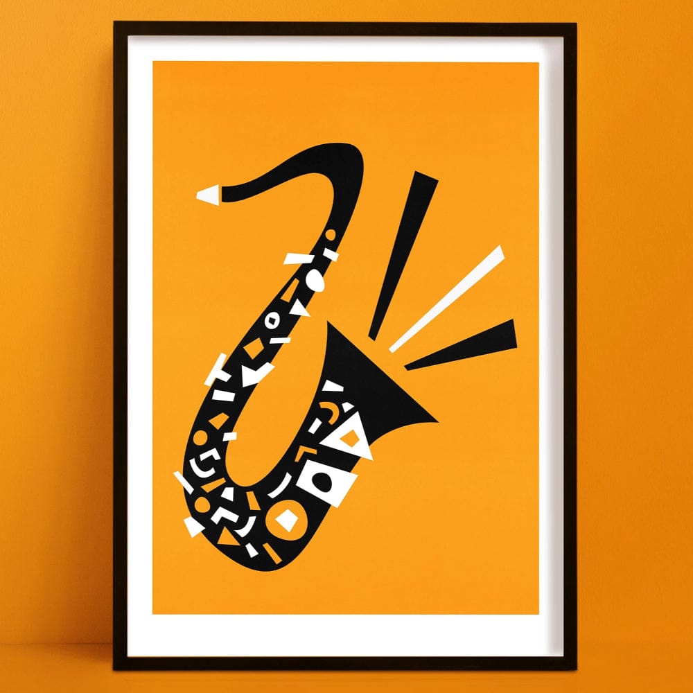 jazz saxophone print instrument illustration in black frame orange background