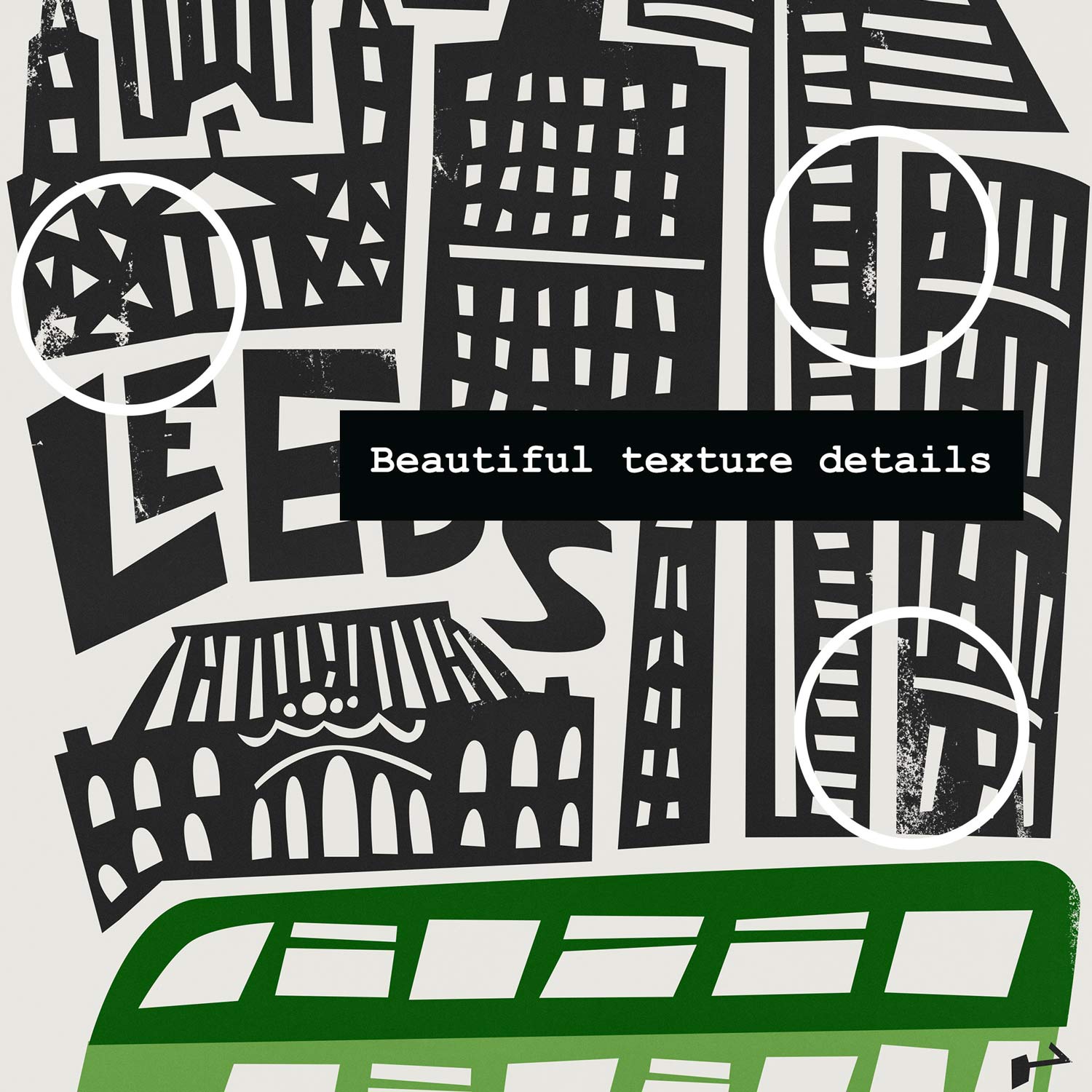 Close-up detail of the Leeds print, focusing on the lower portion of the bright green double-decker bus contrasting with the dense black architectural illustrations.