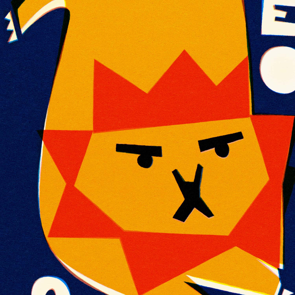 Close-up of Leo print showing the lion’s expressive face, sharp red mane, and textured navy background.