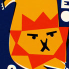 Close-up of Leo print showing the lion’s expressive face, sharp red mane, and textured navy background.