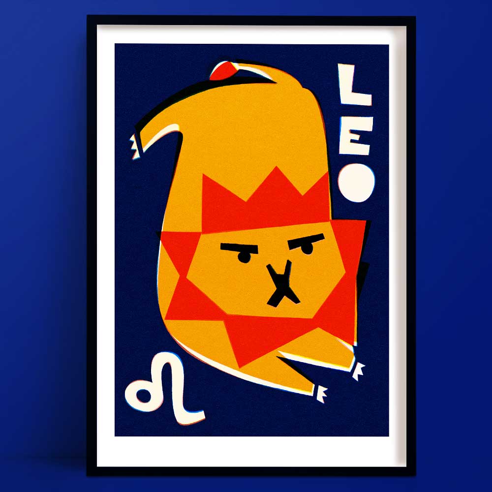 Leo zodiac art print featuring a stylised lion face with red mane and golden body, surrounded by bold white text and symbols on a navy background.