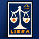 Libra zodiac art print featuring a stylised cream-coloured scale balancing sun and moon symbols on a deep blue background.