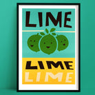 Retro lime-themed print with cheerful green fruit and bold typography in a sunny palette.