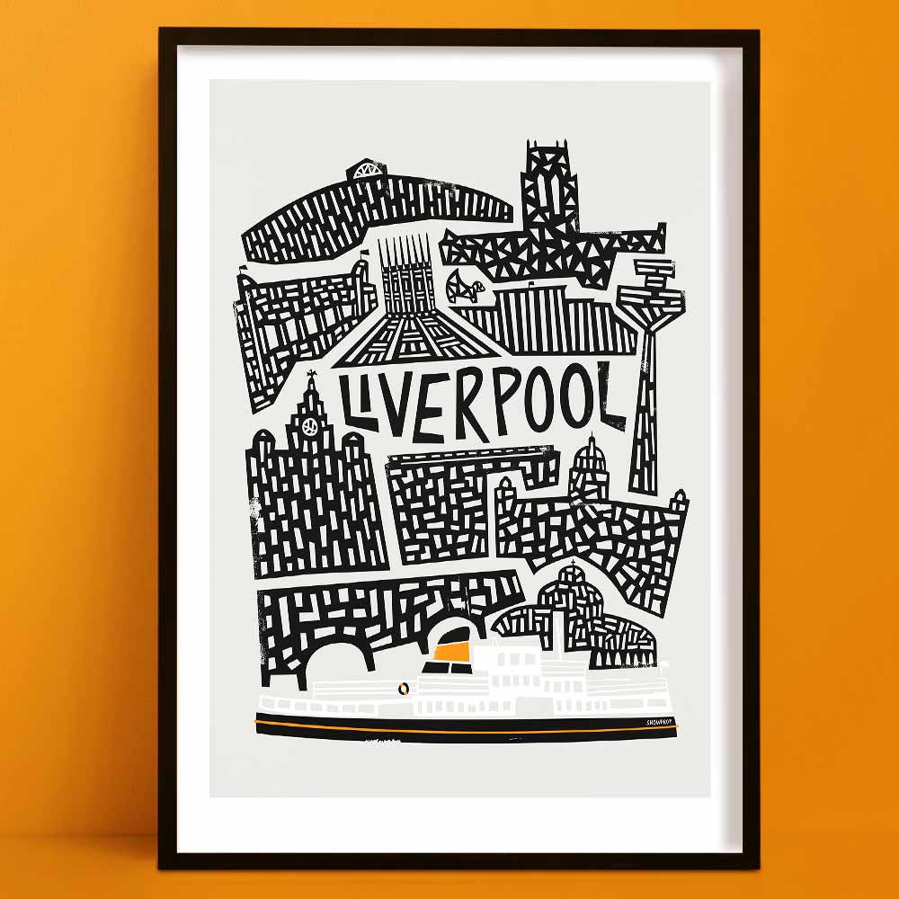Bold black-and-white Liverpool cityscape art print featuring iconic architecture and the famous Mersey Ferry illustrated at the bottom in colour.