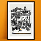 Bold black-and-white Liverpool cityscape art print featuring iconic architecture and the famous Mersey Ferry illustrated at the bottom in colour.
