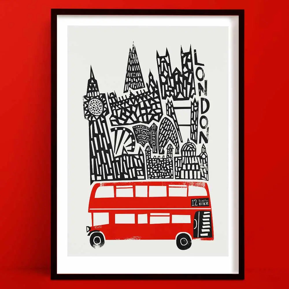 Illustrated cityscape art print of London with a bold red Routemaster bus in the foreground, surrounded by iconic landmarks including Big Ben, Tower Bridge, and the Gherkin.
