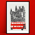 Illustrated cityscape art print of London with a bold red Routemaster bus in the foreground, surrounded by iconic landmarks including Big Ben, Tower Bridge, and the Gherkin.
