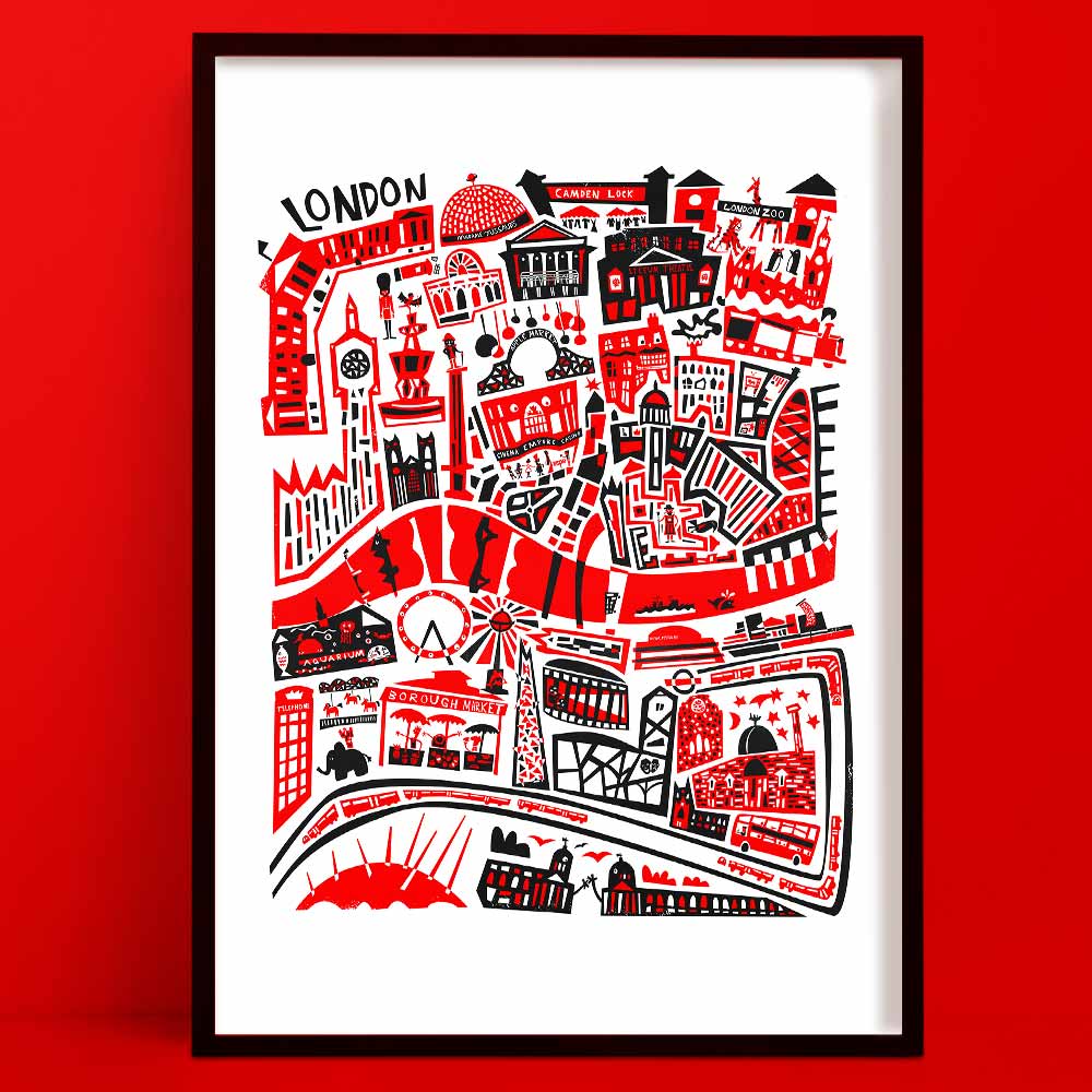 Illustrated London map print bursting with red and black highlights, showcasing landmarks like Big Ben, the London Eye, and Tower Bridge.
