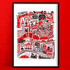 Illustrated London map print bursting with red and black highlights, showcasing landmarks like Big Ben, the London Eye, and Tower Bridge.