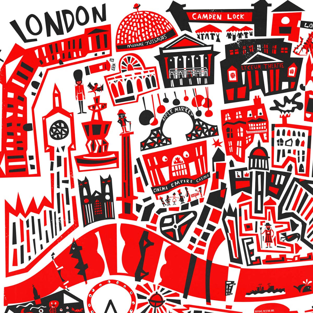 Zoomed-in view of the London print featuring iconic architectural sketches and densely packed urban textures in bold red, black, and white tones.
