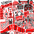 Zoomed-in view of the London print featuring iconic architectural sketches and densely packed urban textures in bold red, black, and white tones.
