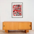 London city map artwork displayed above a minimalist wooden console, offering a vibrant, energetic touch to a contemporary room setting.
