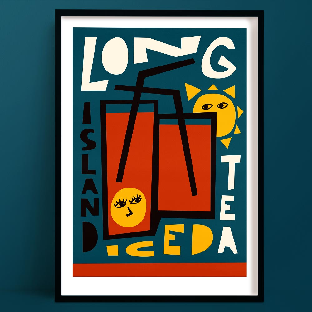 Long Island Iced Tea art print featuring playful typography, tall drink with black straws, lemon slice face, and sunny colour palette on teal background.
