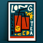 Long Island Iced Tea art print featuring playful typography, tall drink with black straws, lemon slice face, and sunny colour palette on teal background.
