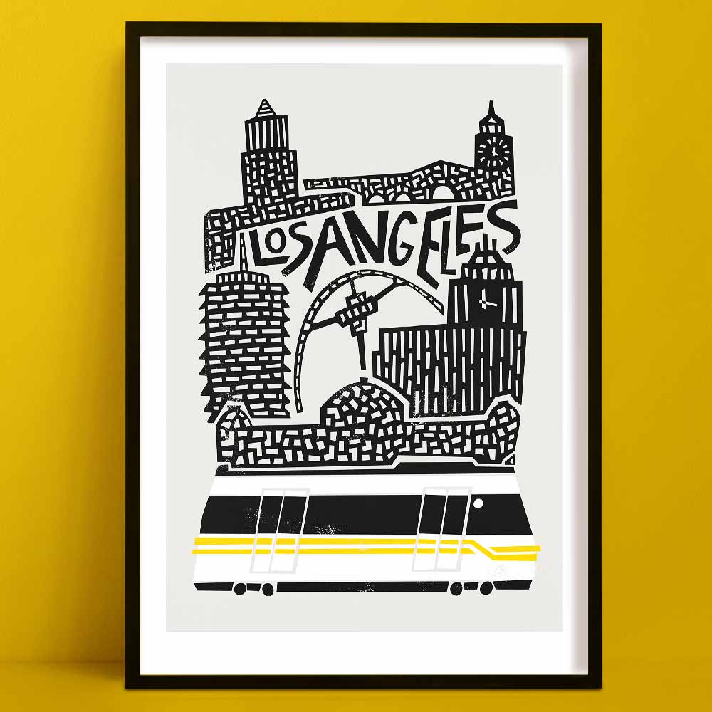 Illustrated Los Angeles skyline art print featuring the Griffith Observatory, US Bank Tower, and a stylised black-and-yellow Metro train at the base.
