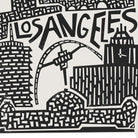 A zoomed-in view of the Los Angeles city art print showing linework of key architecture with “Los Angeles” lettering nestled between landmarks.

