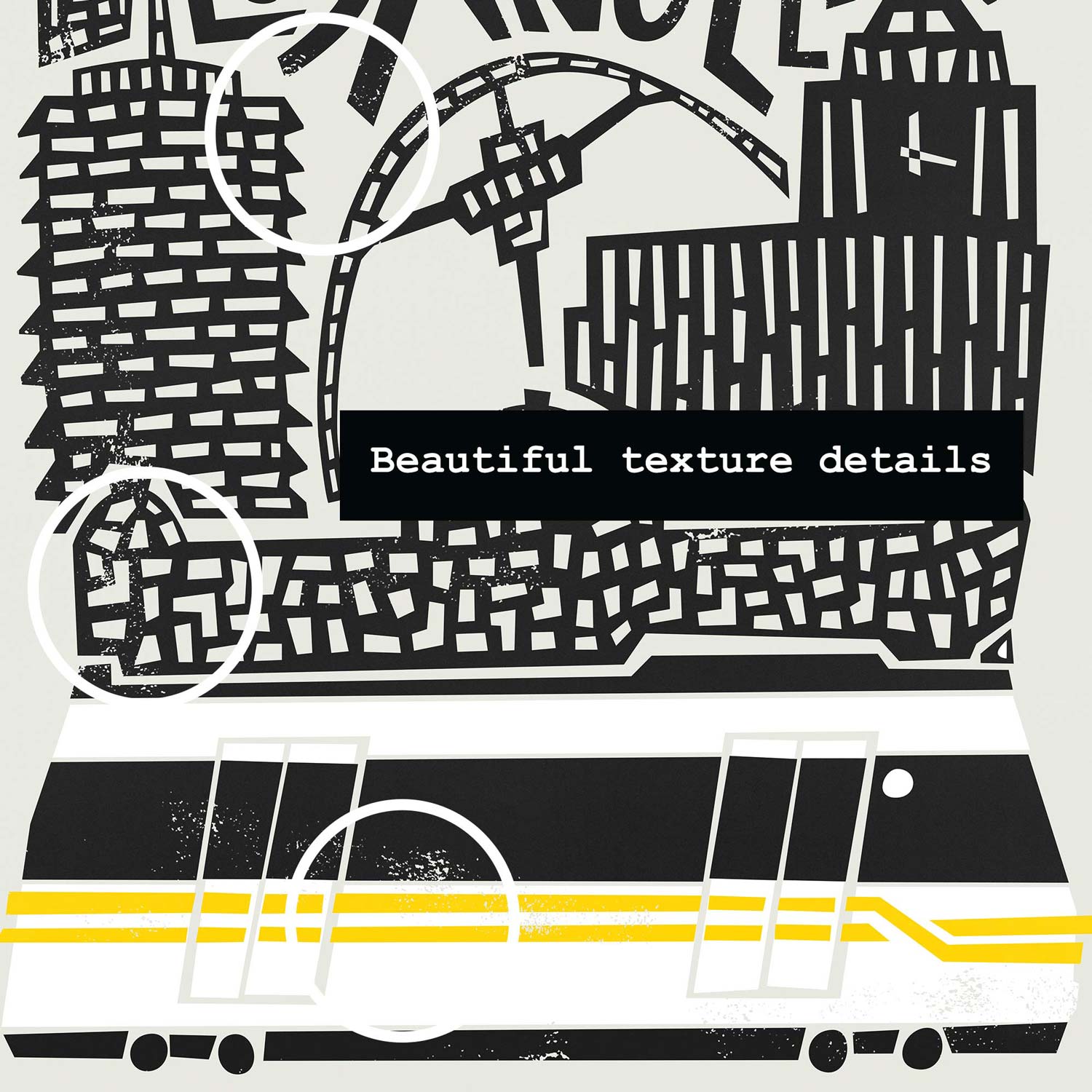 A zoomed-in view of the Los Angeles city art print showing linework of key architecture with “Los Angeles” lettering nestled between landmarks.
