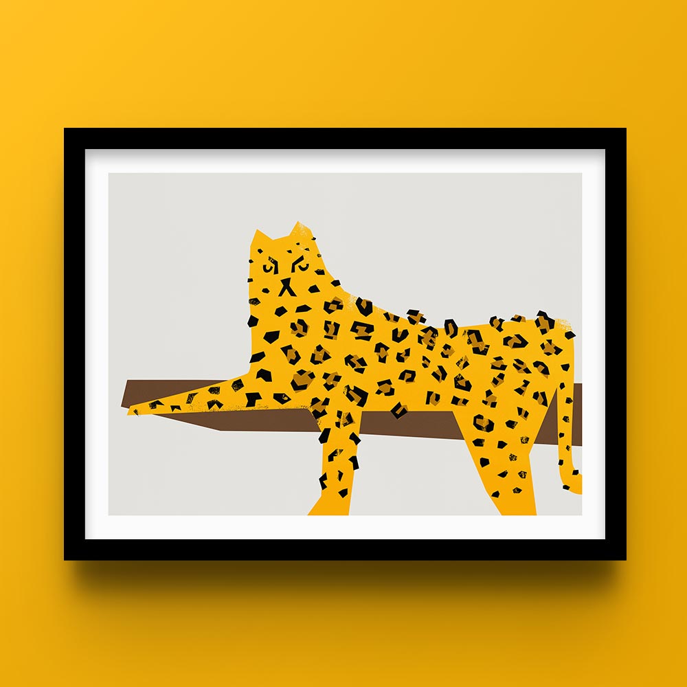 A stylised yellow leopard reclines on a branch in this bold graphic artwork.

