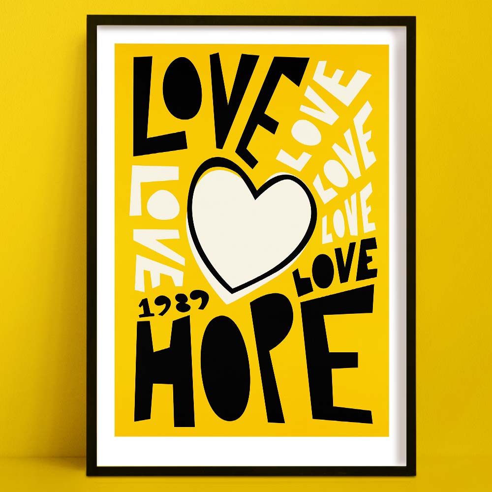 Love & Hope motivational art print — bold yellow retro typography by Fox & Velvet