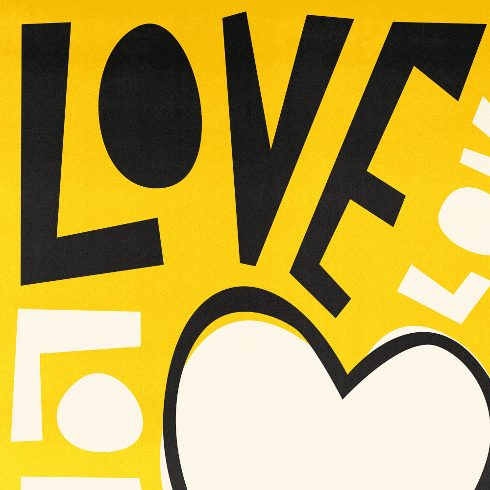 Close-crop of the ‘LOVE’ section, showing funky mid-century lettering in sunshine yellow