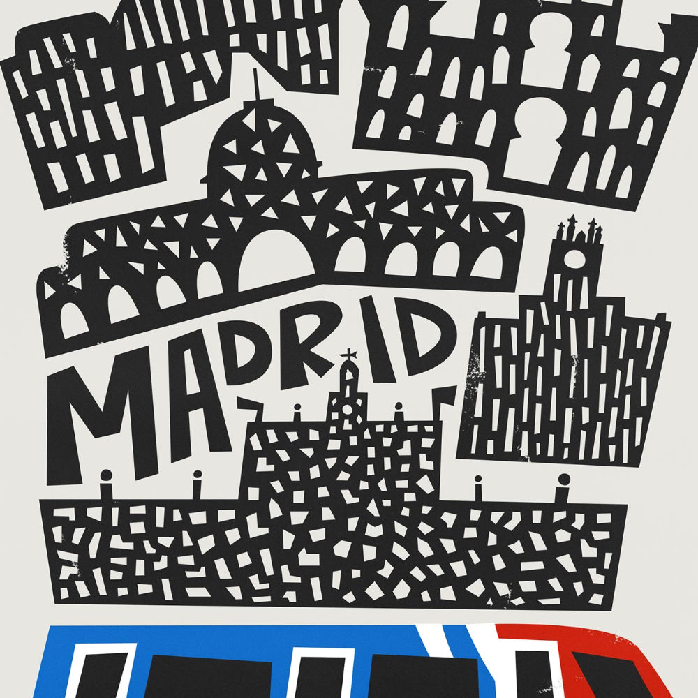Close-up of Madrid print showing the hand-drawn skyline, bold “Madrid” text and the edge of the train along the bottom.