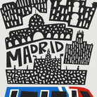 Close-up of Madrid print showing the hand-drawn skyline, bold “Madrid” text and the edge of the train along the bottom.