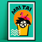A vibrant cocktail print of a stylised Mai Tai glass bursting with tropical flair—complete with a citrus slice, umbrella, pink flamingo stirrer, and a bold orange sun backdrop.
