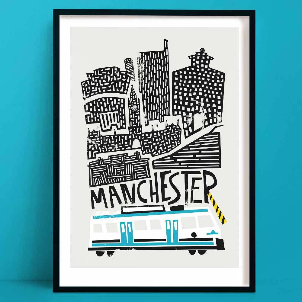 A bold illustrated print of Manchester’s skyline featuring architectural icons like town hall, with a cool-toned blue tram running beneath the hand-lettered name.
