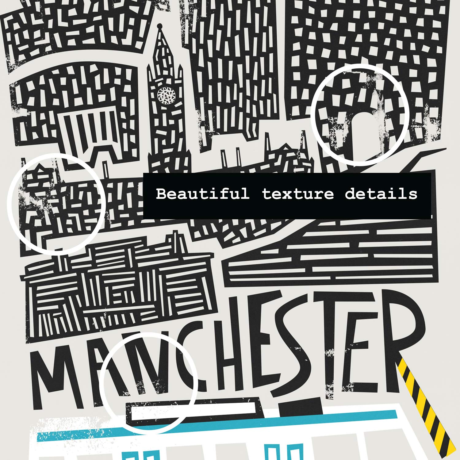 Close-up detail of the illustrated Manchester skyline and typographic treatment, with the Metrolink tram peeking through in sky blue and yellow.