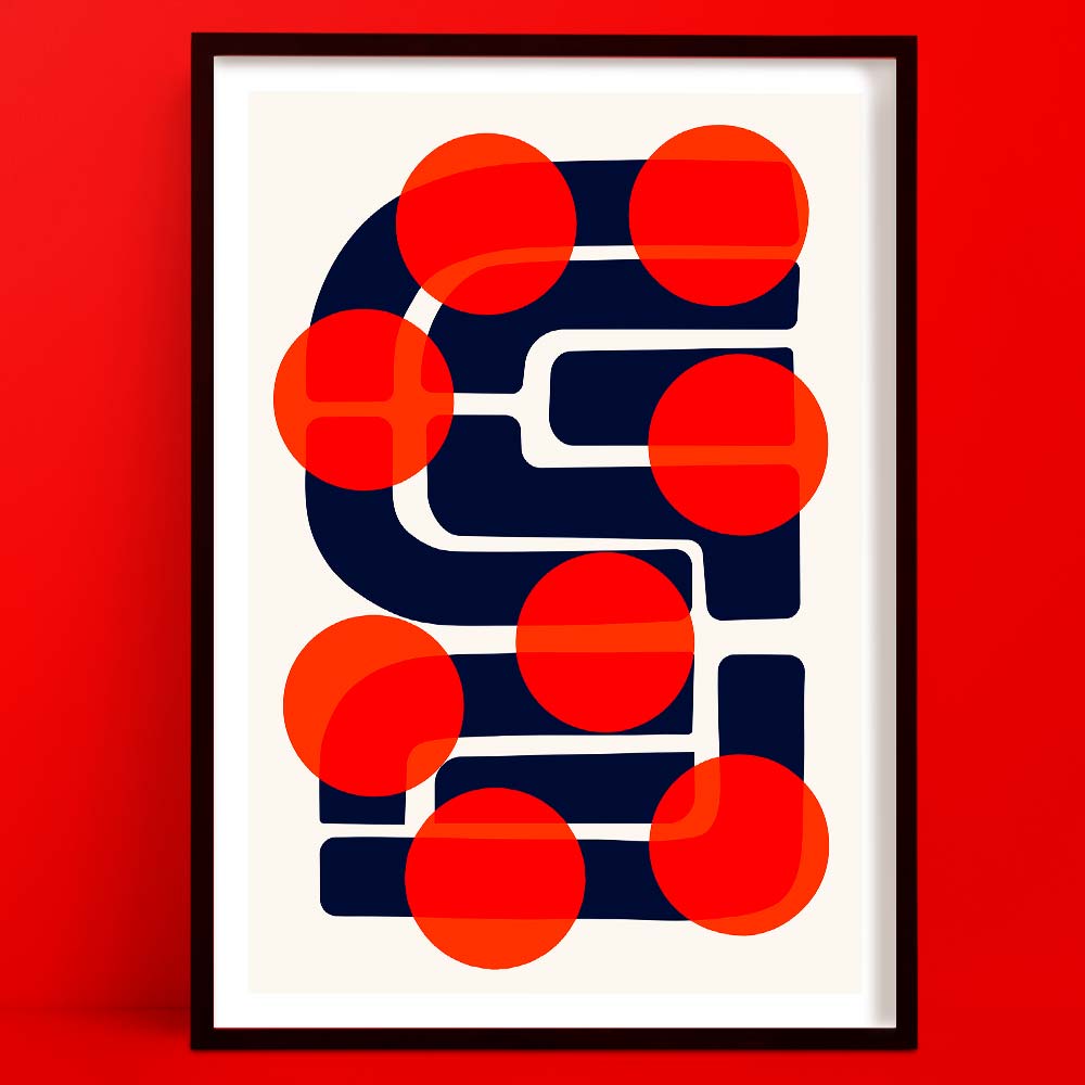 A bold abstract art print titled “Many Suns” featuring deep navy-blue curved shapes intersected by a cascade of vivid red-orange circular forms.
