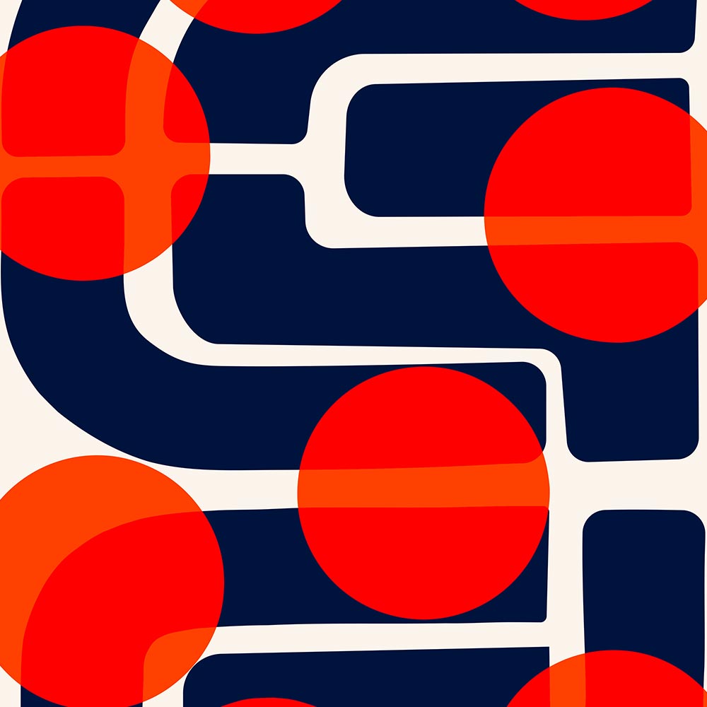 A close-up of the Many Suns artwork showing richly saturated red circles overlapping navy-blue curves, creating a playful tension of form and balance.
