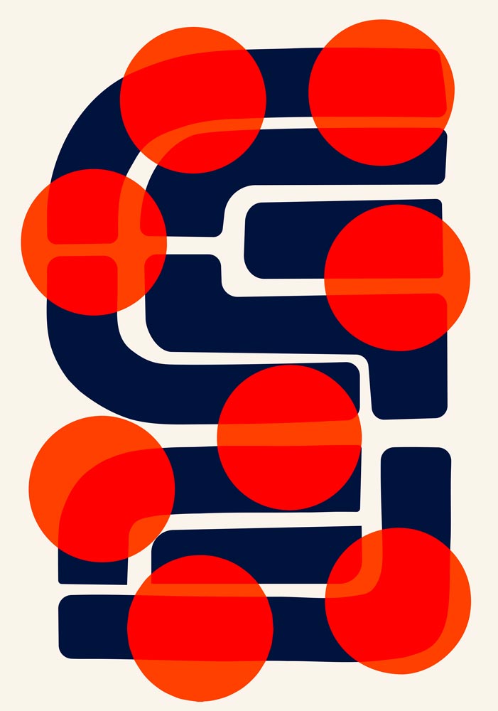 Many Suns abstract print – vibrant red and blue geometric wall art