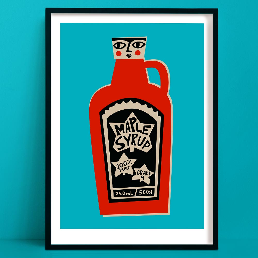 Maple Syrup art print featuring a red bottle with stylised face and hand-drawn black label, framed on teal wall.