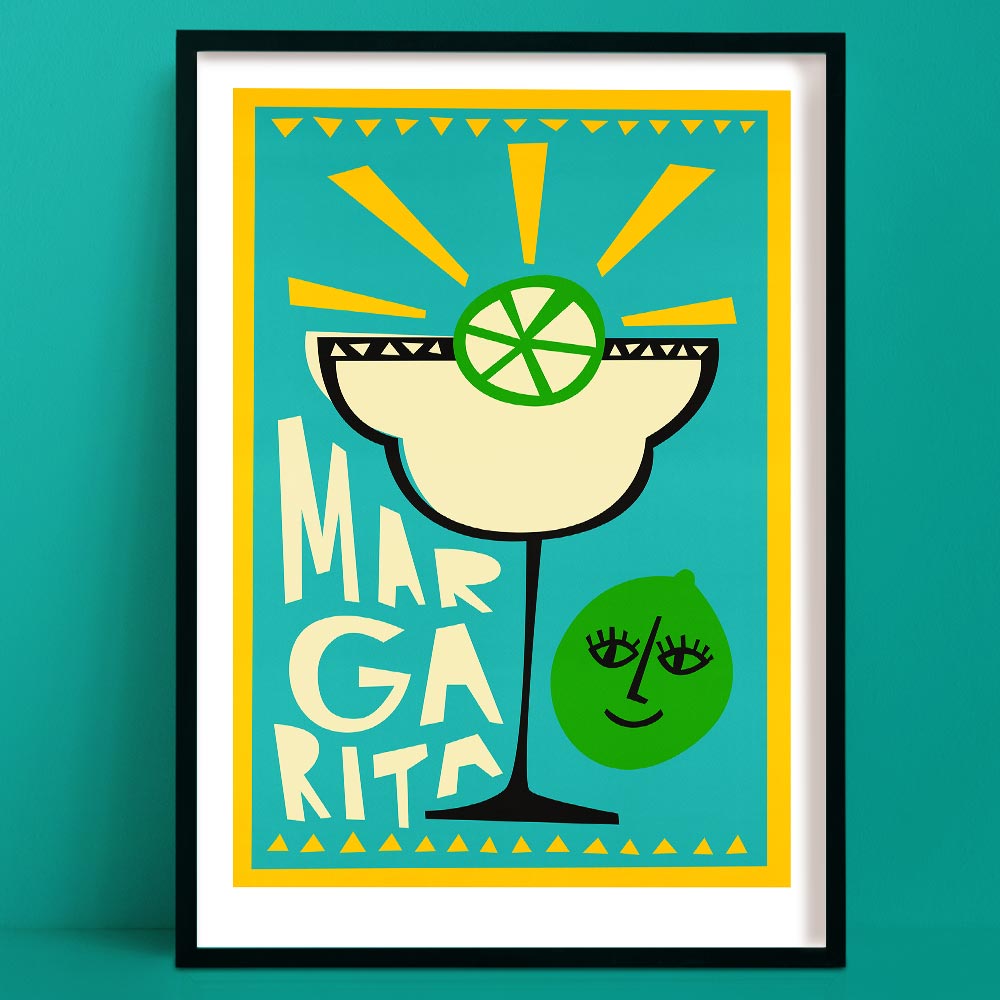 Margarita cocktail art print featuring a radiant sunburst lime, geometric glass shape, and lime slice face on a bright turquoise backdrop.