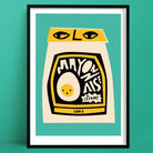 Mayonnaise art print featuring a stylised cream jar with bold label and graphic egg detail, framed on mint green wall.