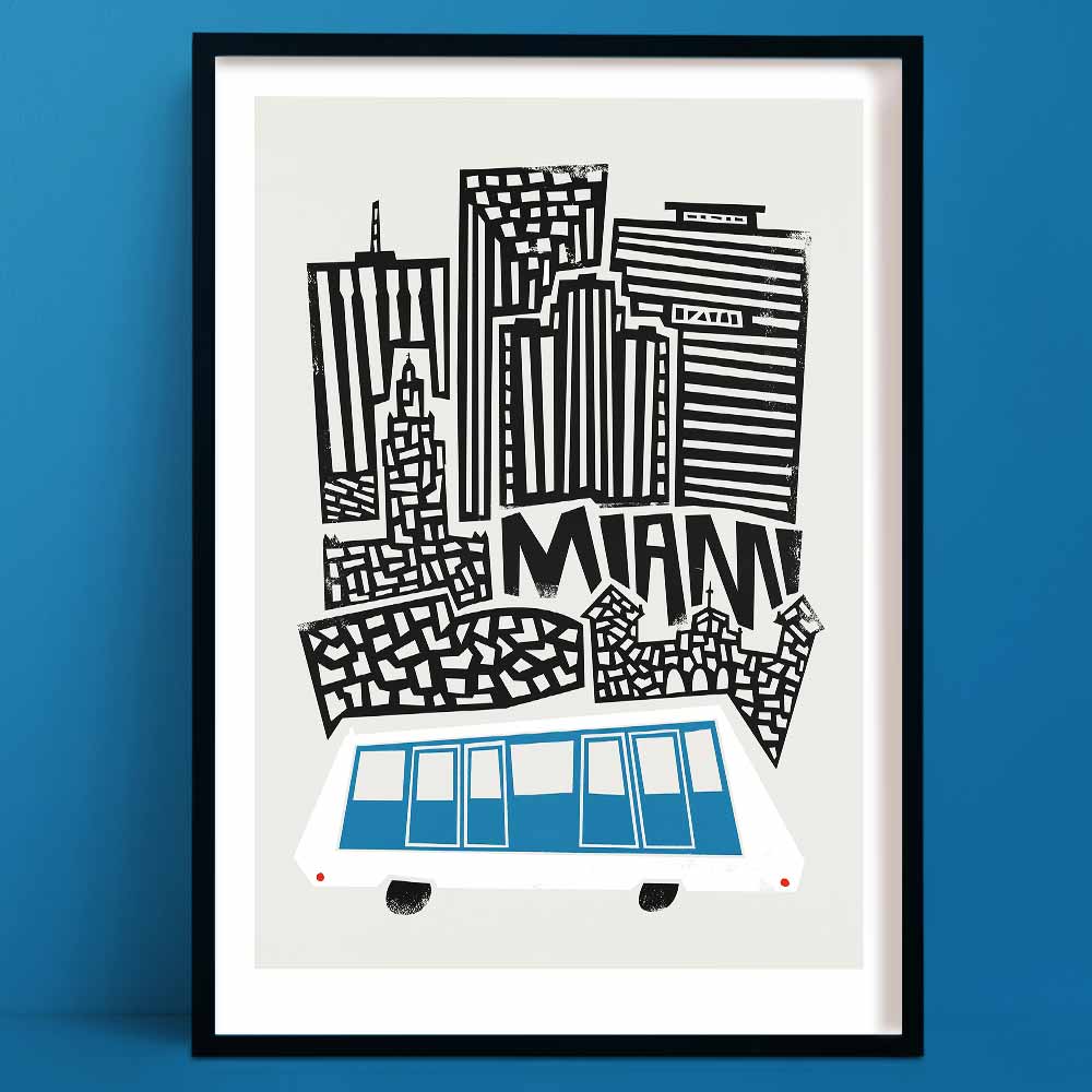 A stylised black-and-white illustration of Miami’s skyline, with sharp geometric lines and a retro blue monorail adding a splash of colour and movement below.