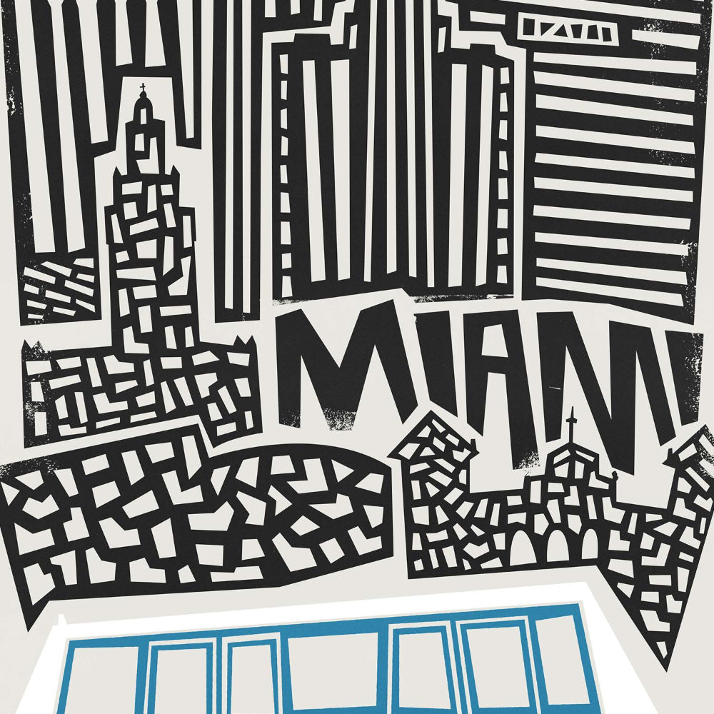 Close-up view of the Miami city print showcasing towering black skyscrapers and the city name in playful typography, resting above a clean-lined blue monorail.