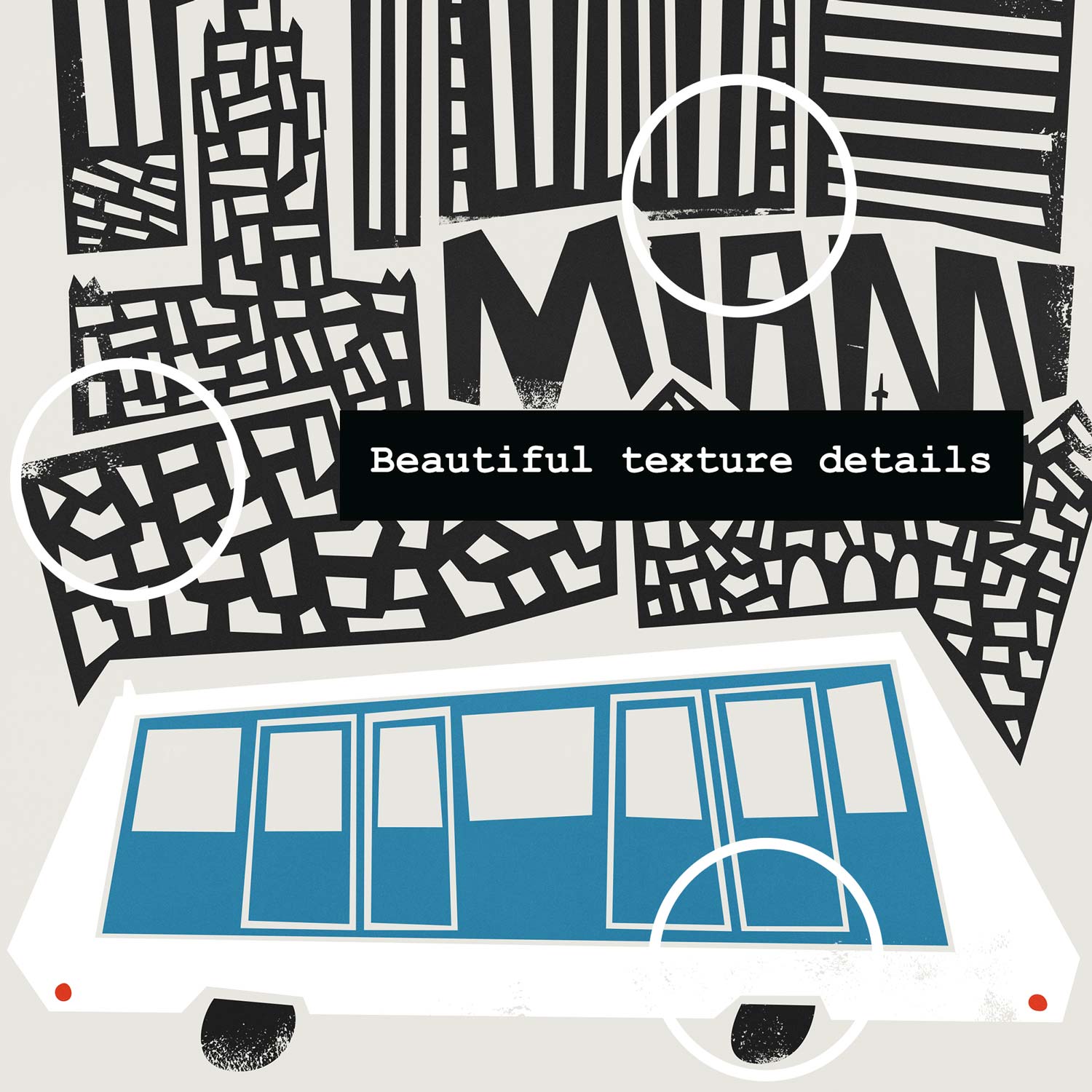 Close-up view of the Miami city print showcasing towering black skyscrapers and the city name in playful typography, resting above a clean-lined blue monorail.