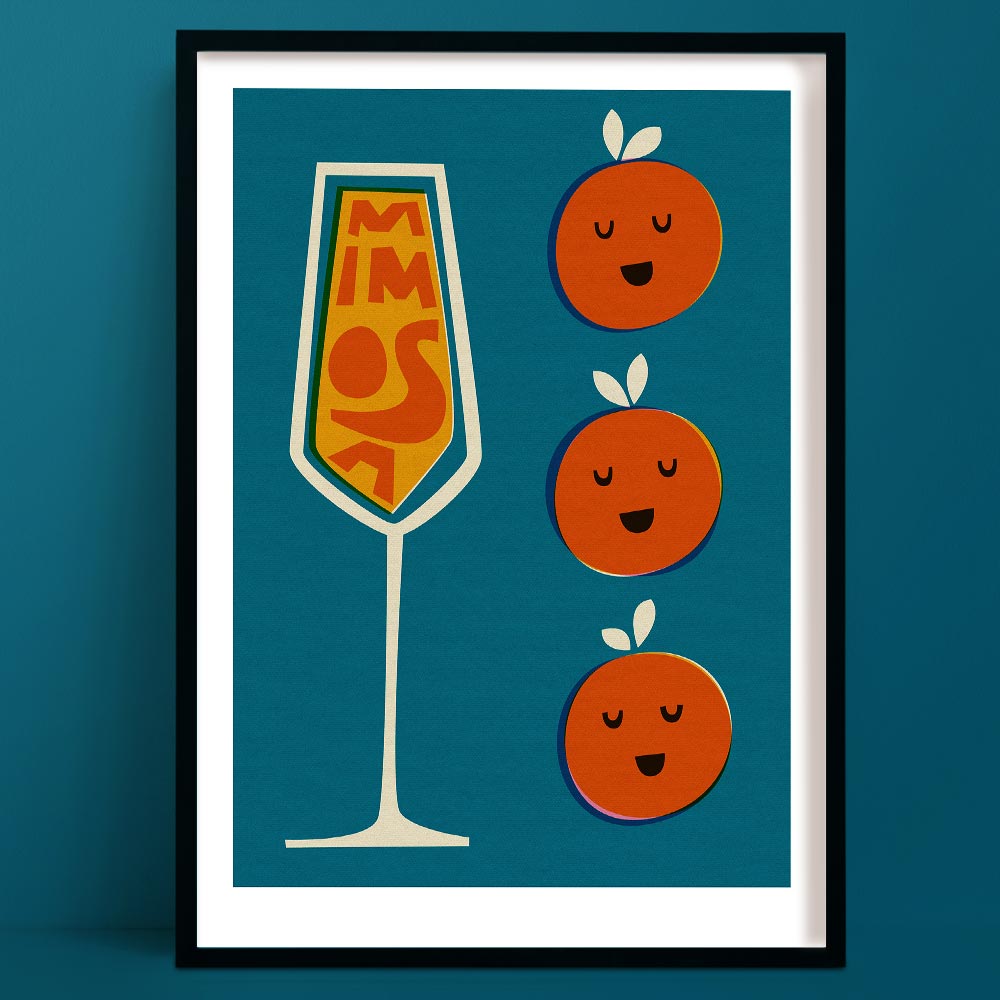 Mimosa cocktail art print with a tall champagne glass and three smiling oranges, set against a rich teal background.