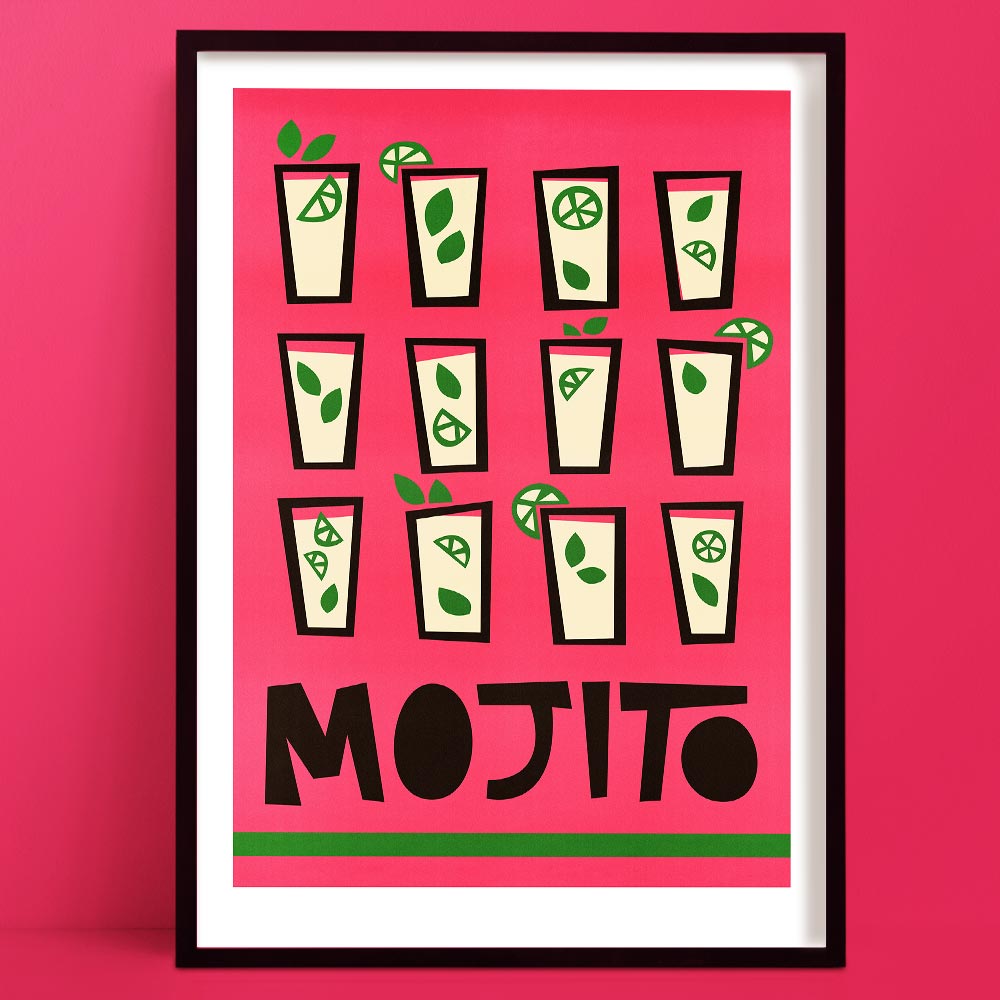 Mojito cocktail art print featuring twelve stylised glasses with lime and mint on a bold pink background, framed on a matching pink wall.