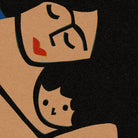 A close-up showing the mother’s serene expression and protective gesture, alongside the child’s peaceful face, rendered in graphic shapes and warm muted colours.
